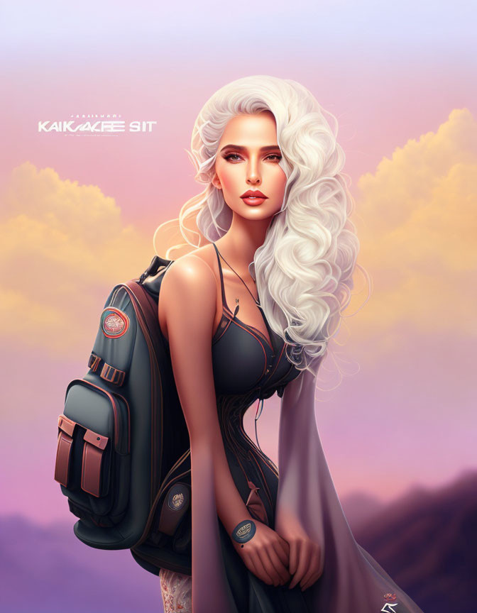 Woman with White Curly Hair in Dark Bodysuit and Backpack on Dusky Sky Background