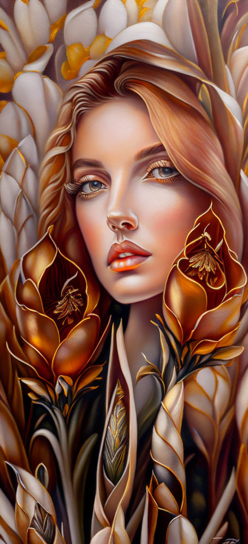 Woman surrounded by bronze and gold flora, showcasing striking features.