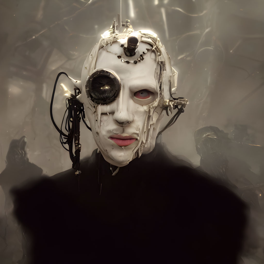 Intricate cyberpunk mask with red eye in foggy backdrop