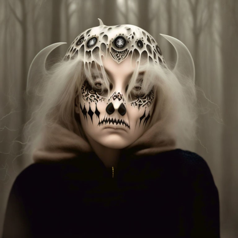 Intricate white skull mask with gears and white hair in misty forest