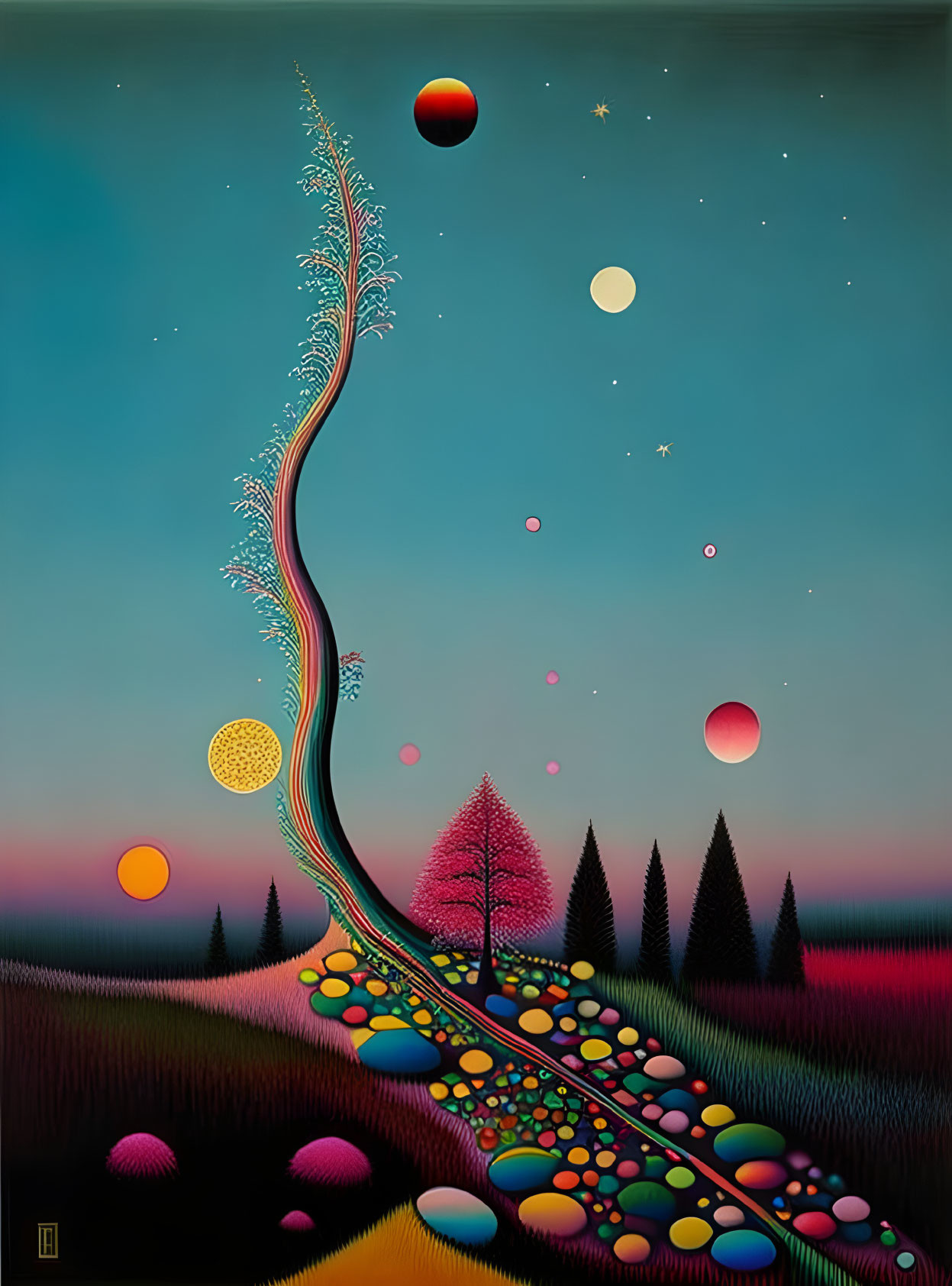 Colorful spheres, celestial bodies, and winding tree in surreal dusk-to-night landscape