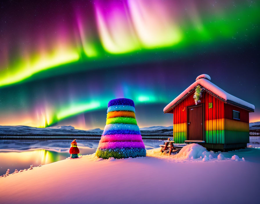 Colorful aurora borealis over snow-covered landscape with red cabin and reflective water