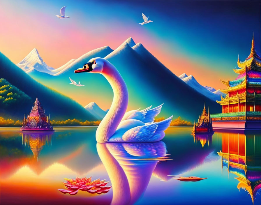 Colorful artwork: Swan, lotus flowers, buildings, mountains on reflective lake