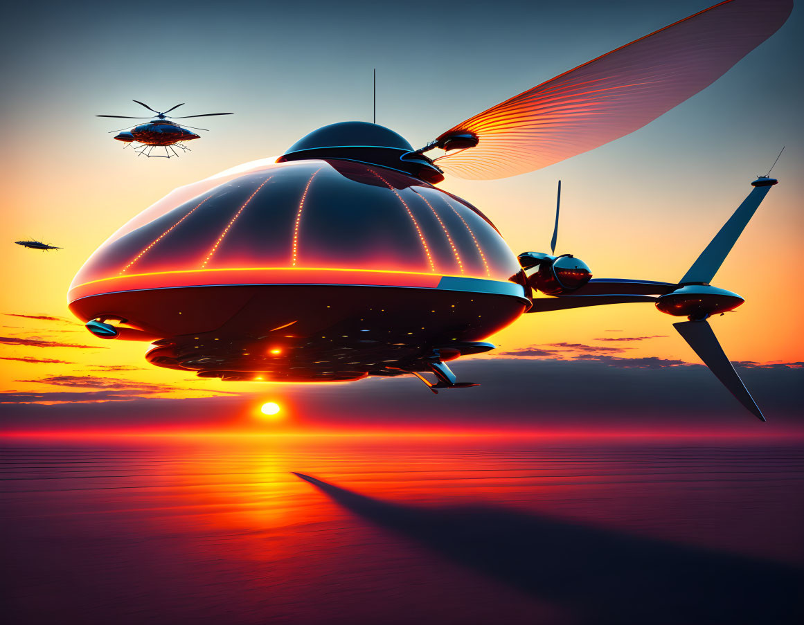 Futuristic UFO-like aircraft over ocean at sunset with helicopters and long shadows