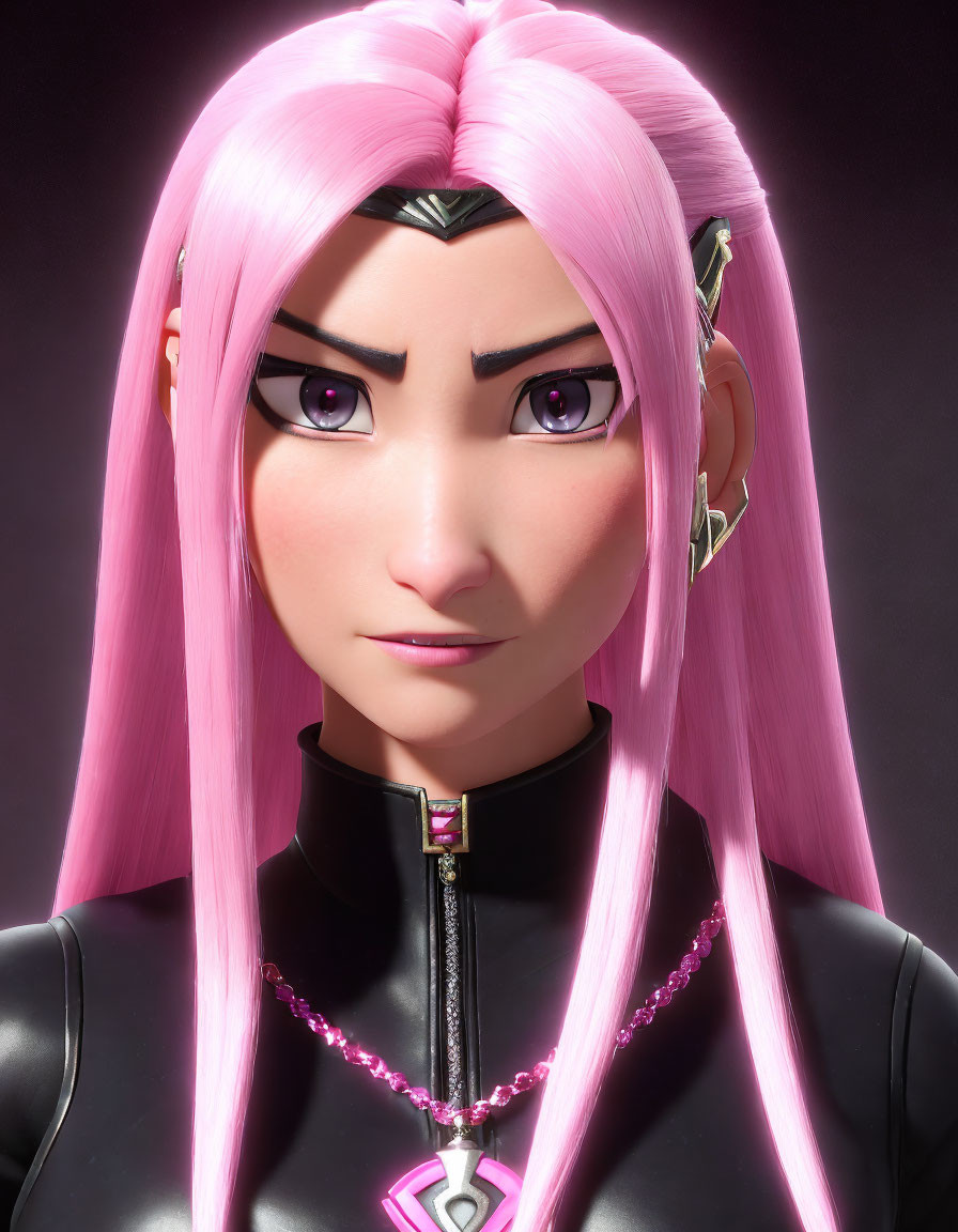 3D animated female character with pink hair and futuristic outfit