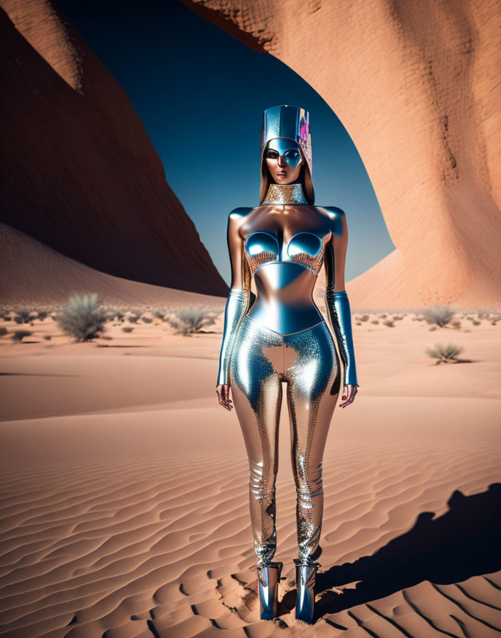 Shiny silver robotic figure in desert landscape