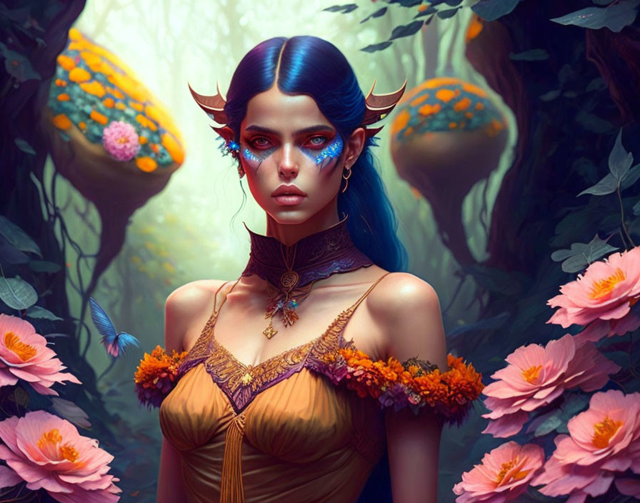 Fantasy Artwork: Blue-Skinned Woman with Horns and Elf-like Ears