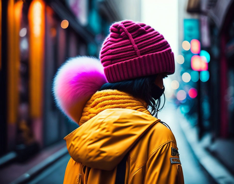 Person in yellow jacket and pink beanie on city street with blurred lights.