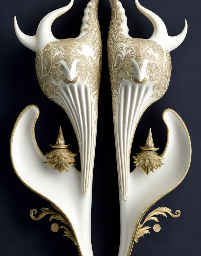 Symmetrical swirling horns with gold and white details on dark background