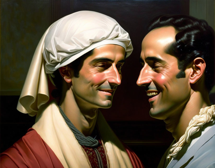 Hyperrealistic Painting: Two Identical Men in Different Outfits Smiling