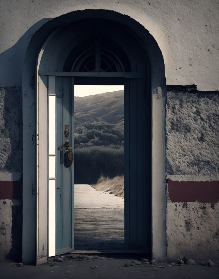 Arched door opens to dreamlike landscape with rolling hills and clouds.