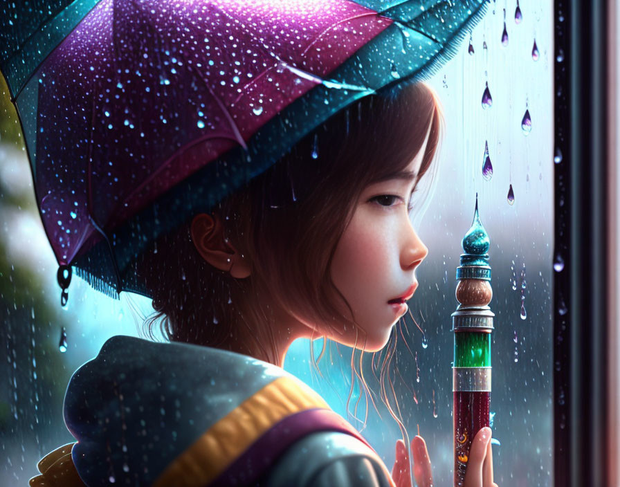 Young girl holding umbrella looks out rainy window with colorful minaret.