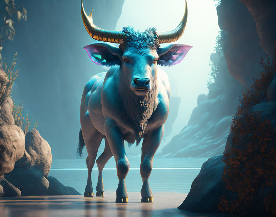 Stylized blue bull with golden horns in mystical forest landscape