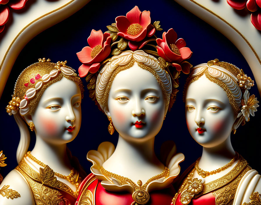 Three delicate porcelain figures in golden attire and floral headpieces on dark background