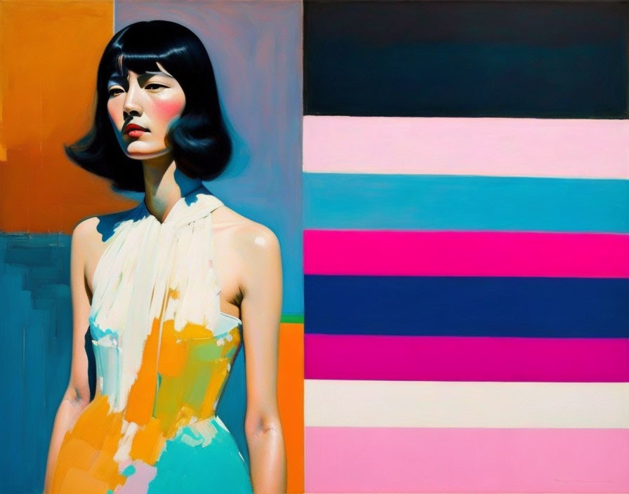 Stylized painting of woman with bob haircut against colorful striped background