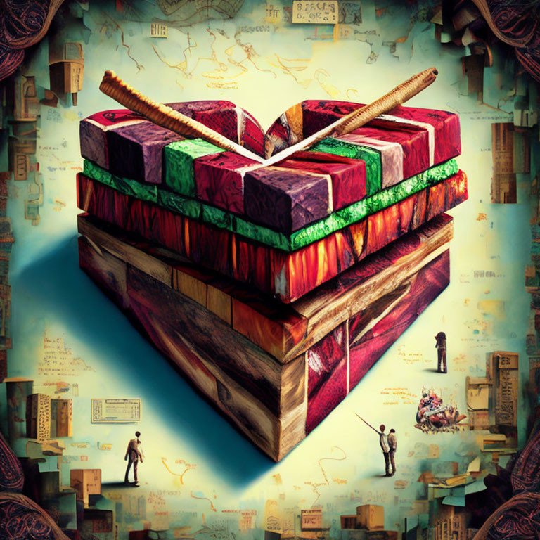 Surreal artwork featuring floating structure with books and vintage elements.