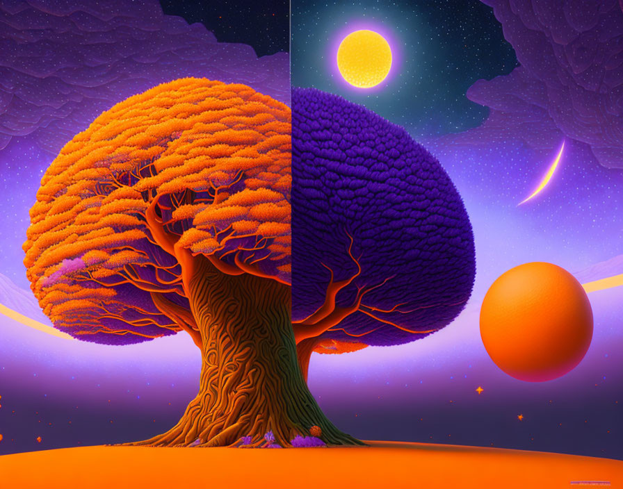 Split tree surreal artwork: Daytime and nighttime scenes with sun, stars, planets