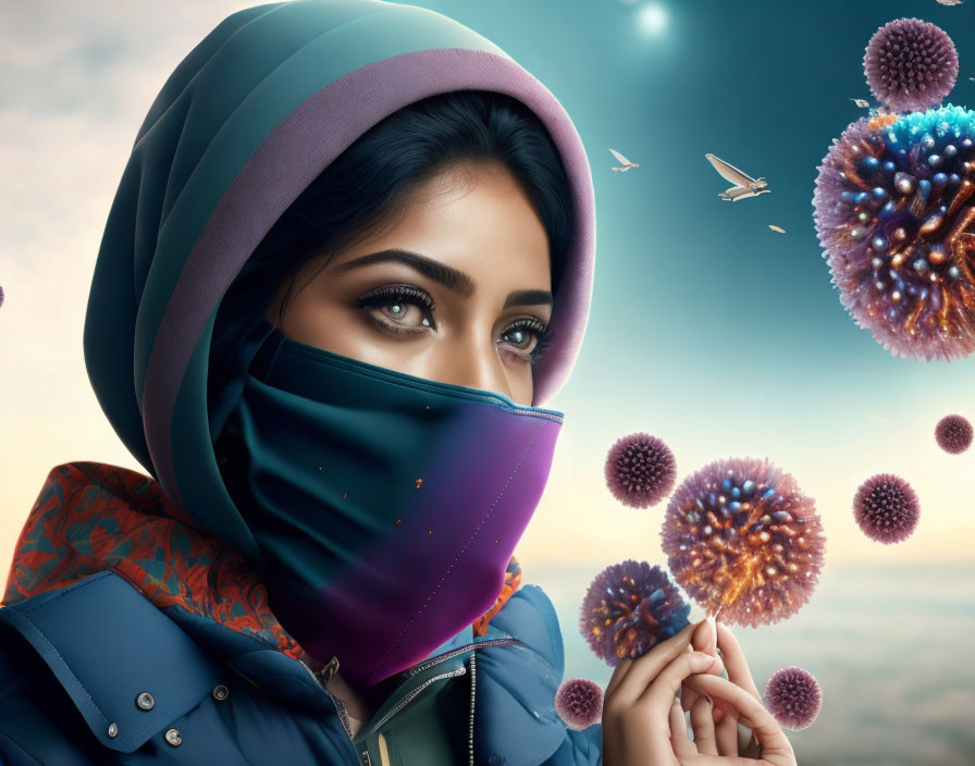 Woman in hijab with face mask holding dandelion surrounded by surreal virus particles and distant airplanes