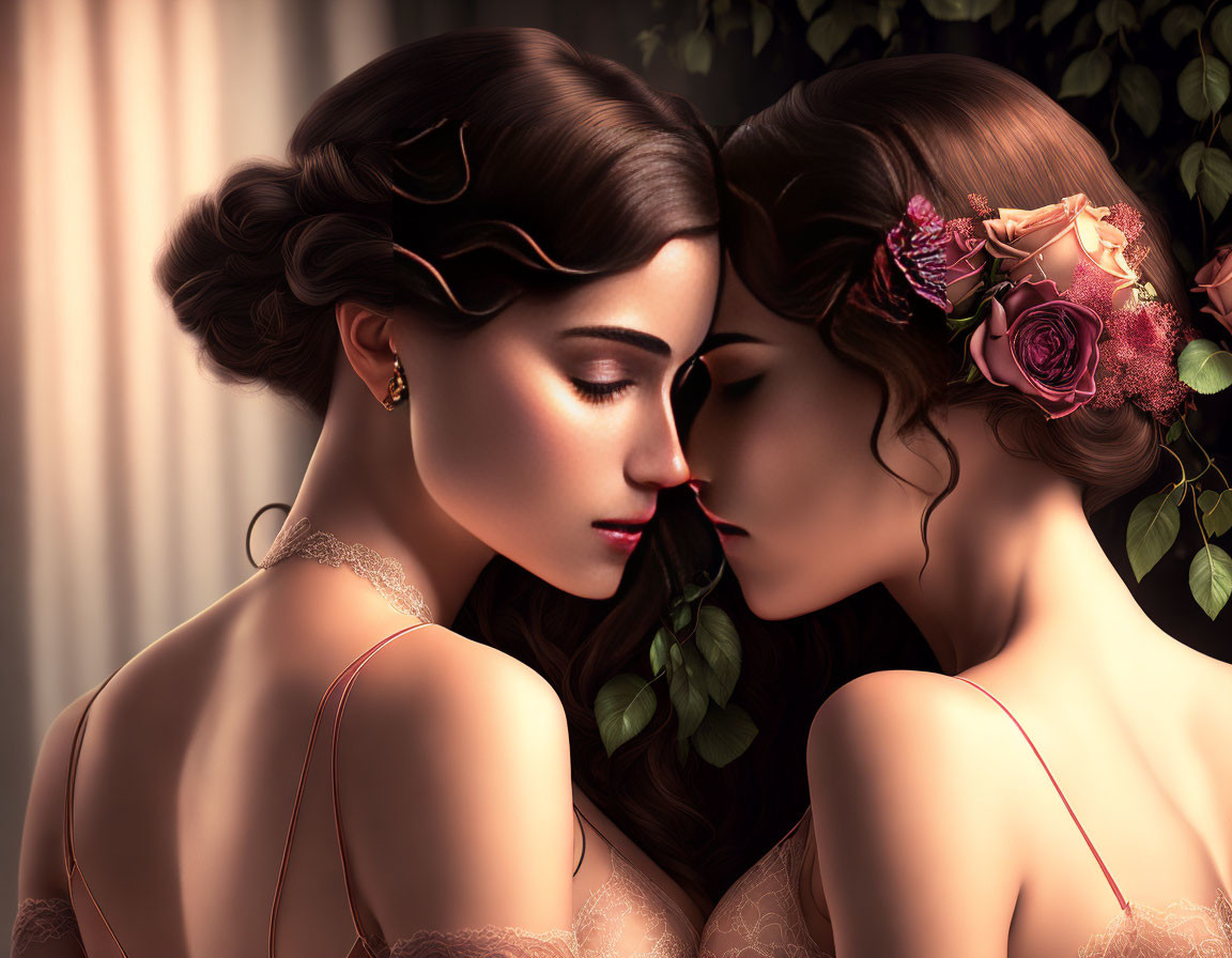 Two women with elegant hairstyles and floral adornments in a gentle moment of intimacy.