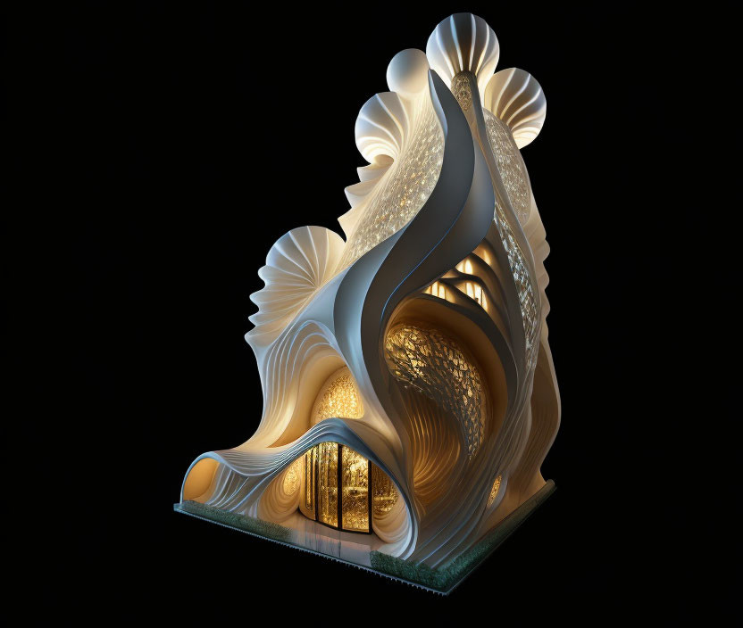 Futuristic organic building illuminated in golden light