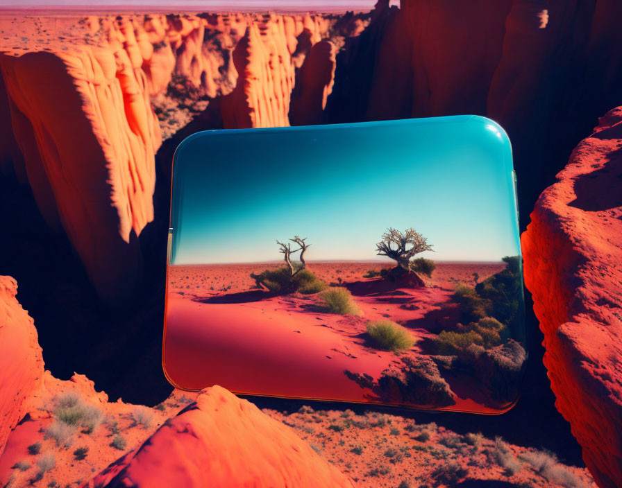 Surreal desert landscape in floating reflective tablet on red rocky terrain