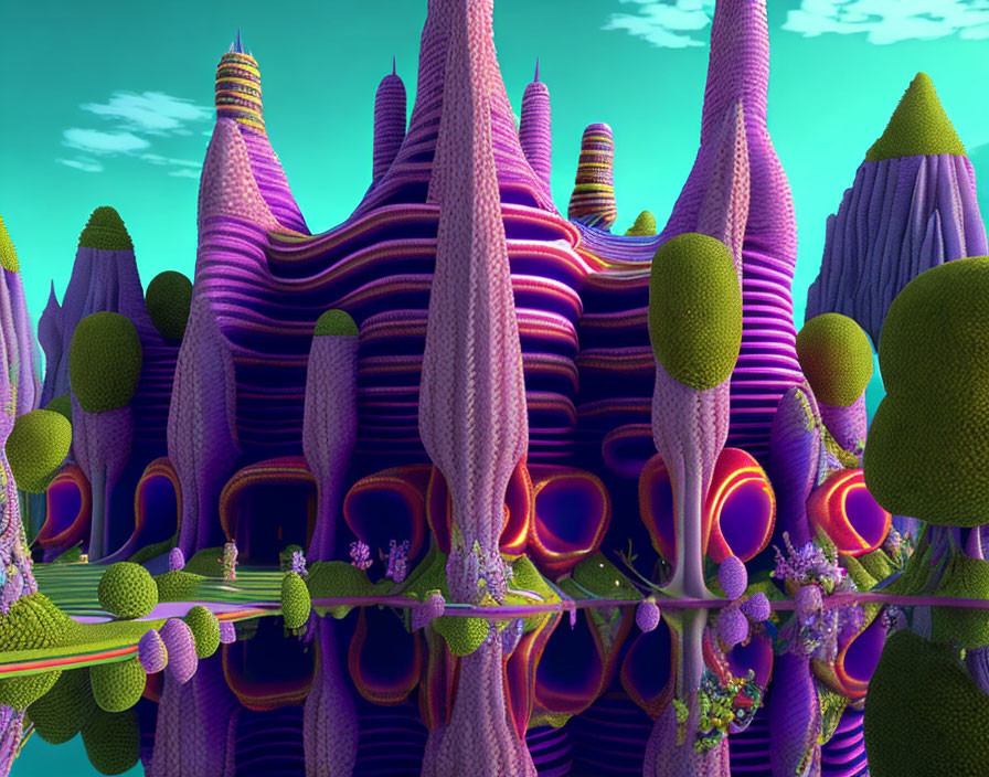 Vibrant surreal landscape with purple hills, green spheres, and tree-like structures