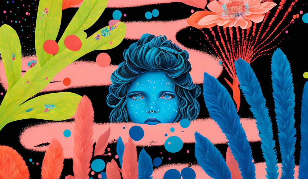 Colorful illustration of blue-skinned woman with neon flora in pink, teal, and orange