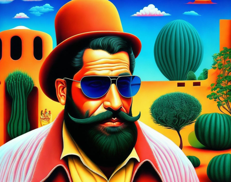 Vibrant illustration of a man with mustache in sombrero and sunglasses in desert scene