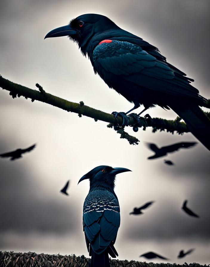 Silhouetted birds on branches against cloudy sky with flying birds.