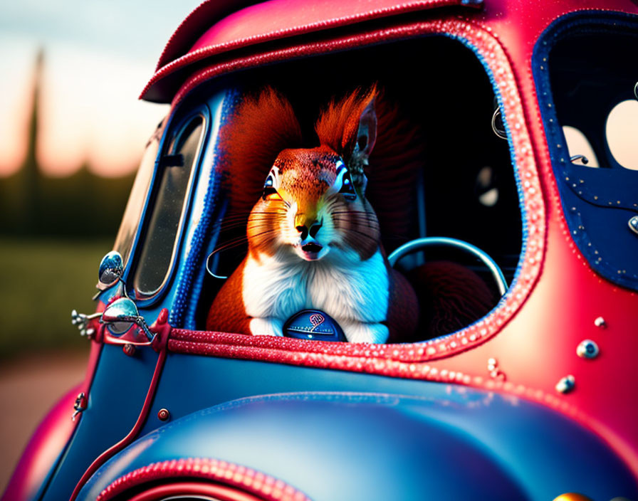 Digital Artwork: Squirrel in Helmet Driving Vintage Blue Car