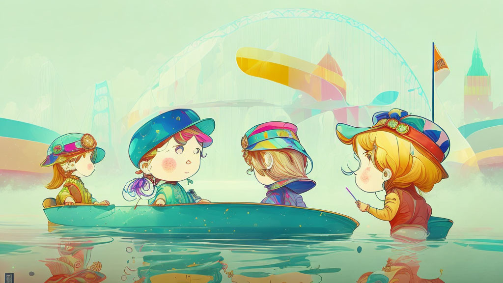 Four cartoon children in colorful hats on a blue boat with whimsical cityscape