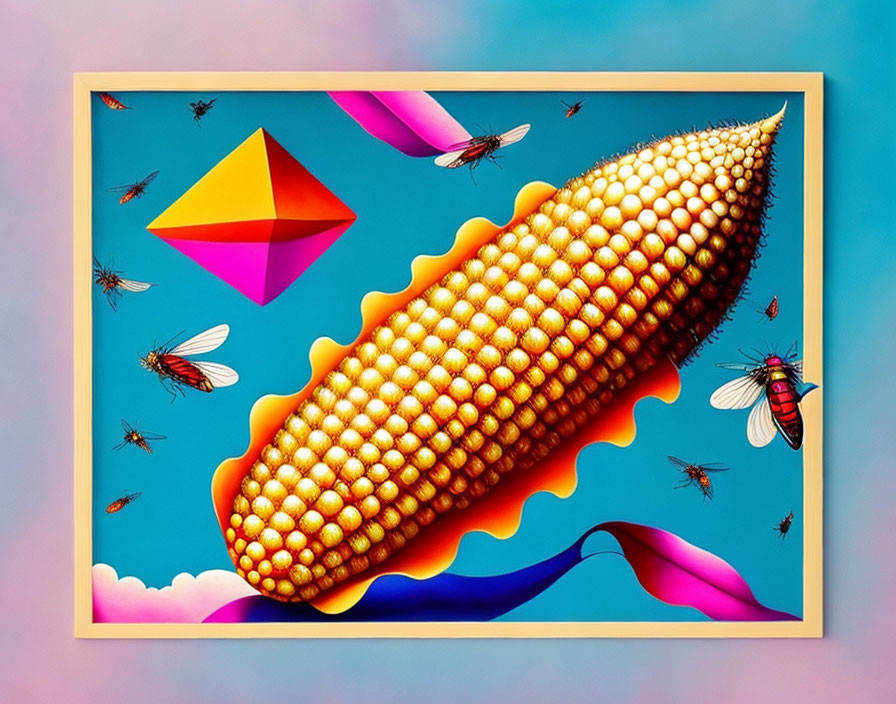 Colorful digital artwork: oversized corn cob, flying insects, paper planes on pastel sky background