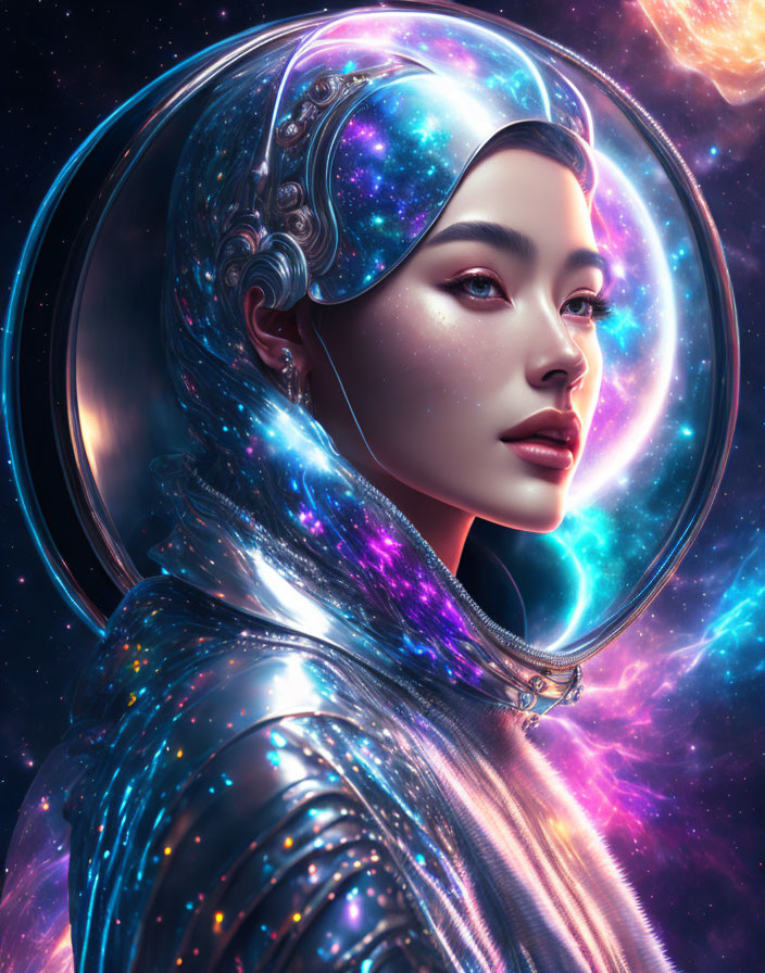Futuristic digital artwork of woman in space helmet with galaxy motif