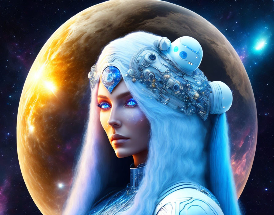 Futuristic cyborg woman with blue hair and glowing eyes in cosmic setting