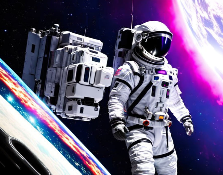 Astronaut in white spacesuit floats with spacecraft and Earth in space