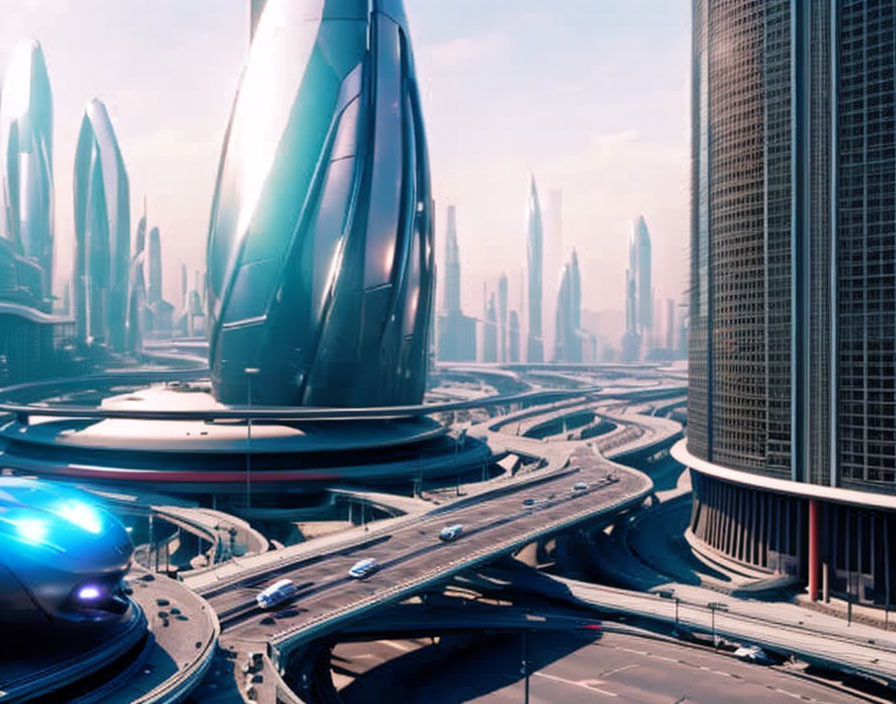 Futuristic cityscape with sleek skyscrapers and high-speed vehicle