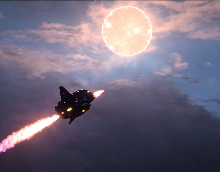 Spaceship with glowing engines flying towards bright sun in colorful sky