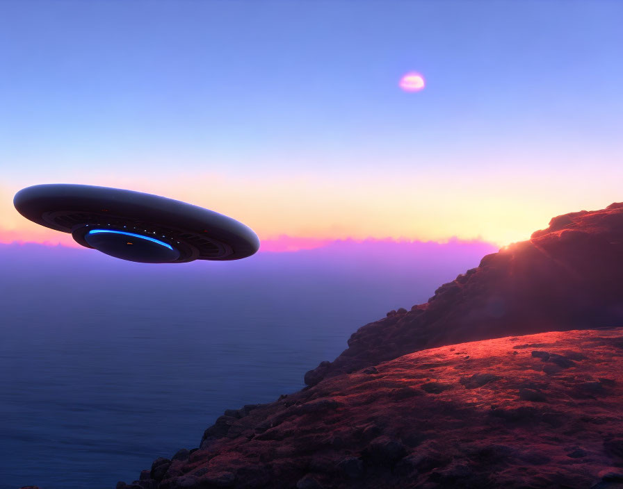 Unidentified Flying Object over rocky landscape at sunset