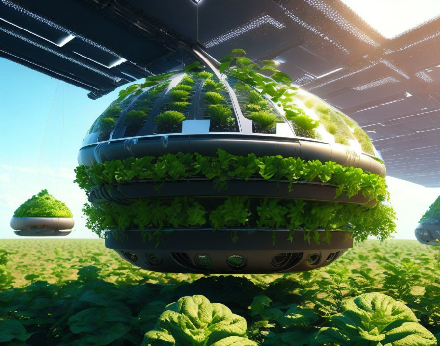 Futuristic Floating Agricultural Pods with Lush Green Plants