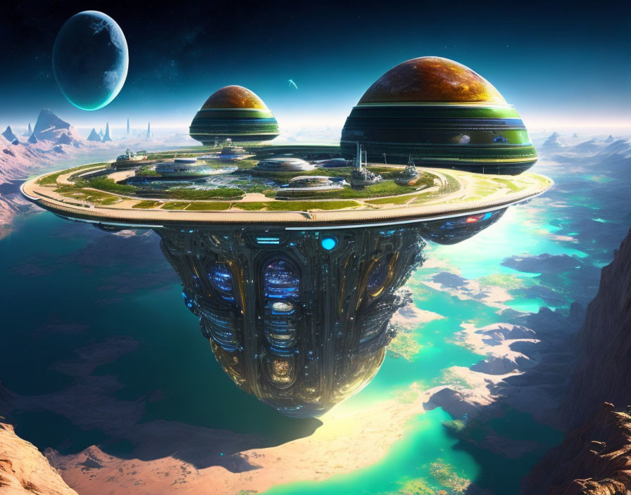 Futuristic floating city above rocky landscape with green domes