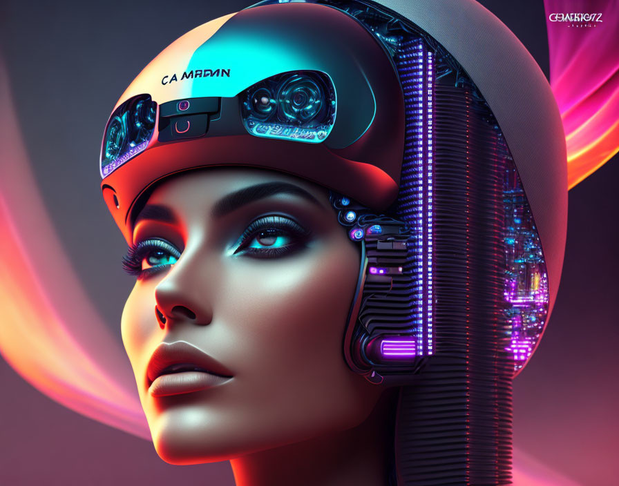 Futuristic cybernetic female portrait with high-tech helmet on neon-lit backdrop