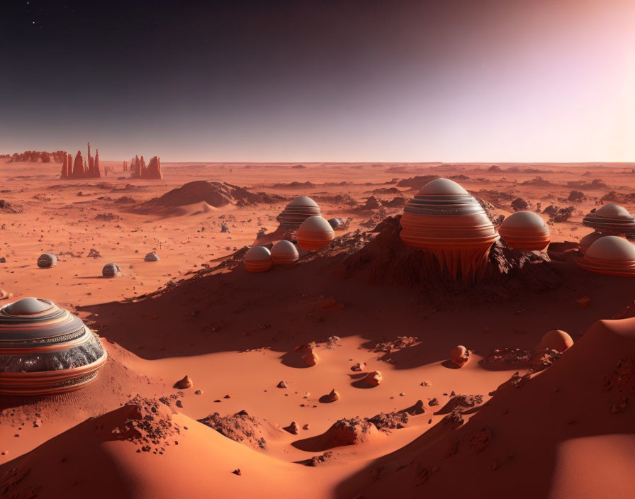 Futuristic Martian landscape with domed structures and hazy orange sky