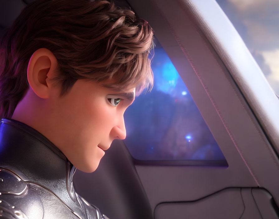 Young male character with brown hair gazes pensively out spaceship window