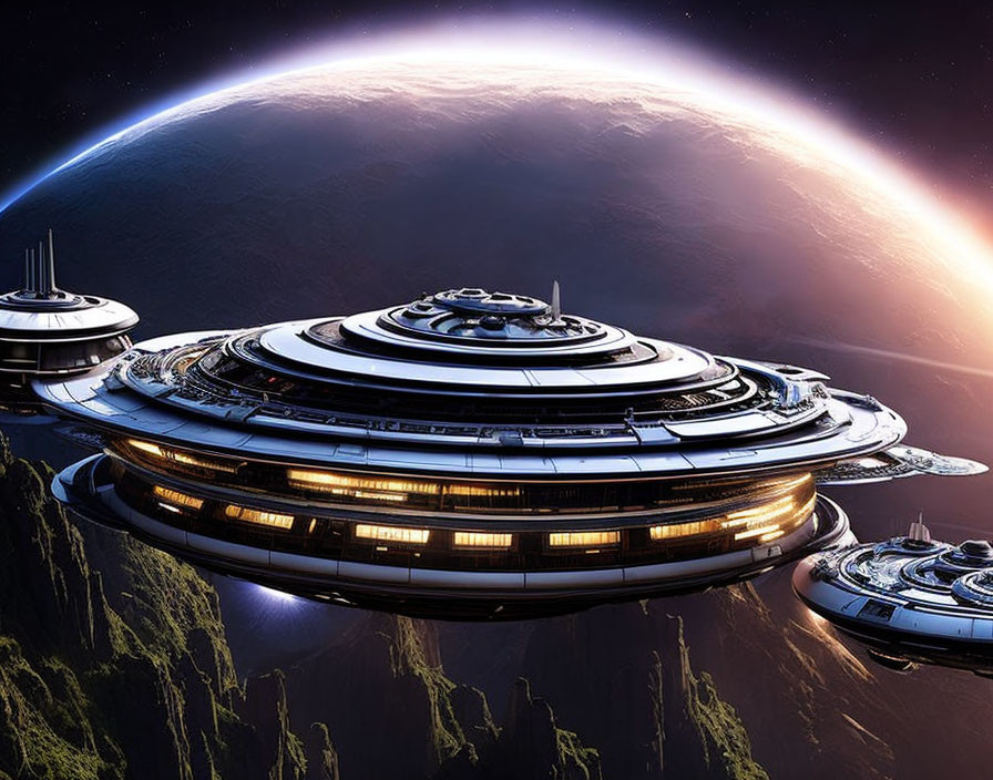 Futuristic space station orbiting planet with sleek design