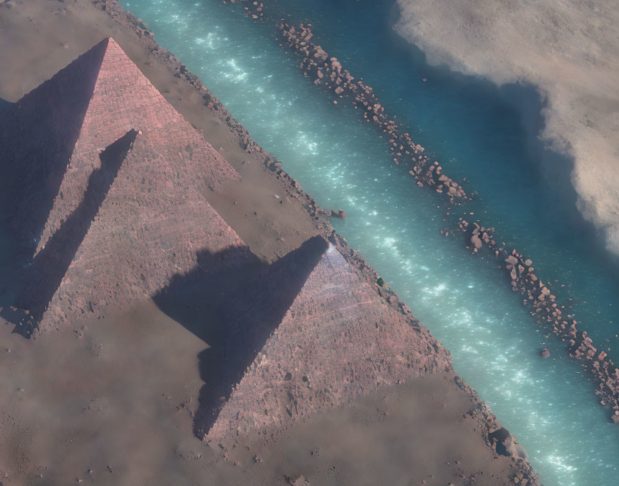 Aerial View of Great Pyramids of Giza with River and Desert Shadows