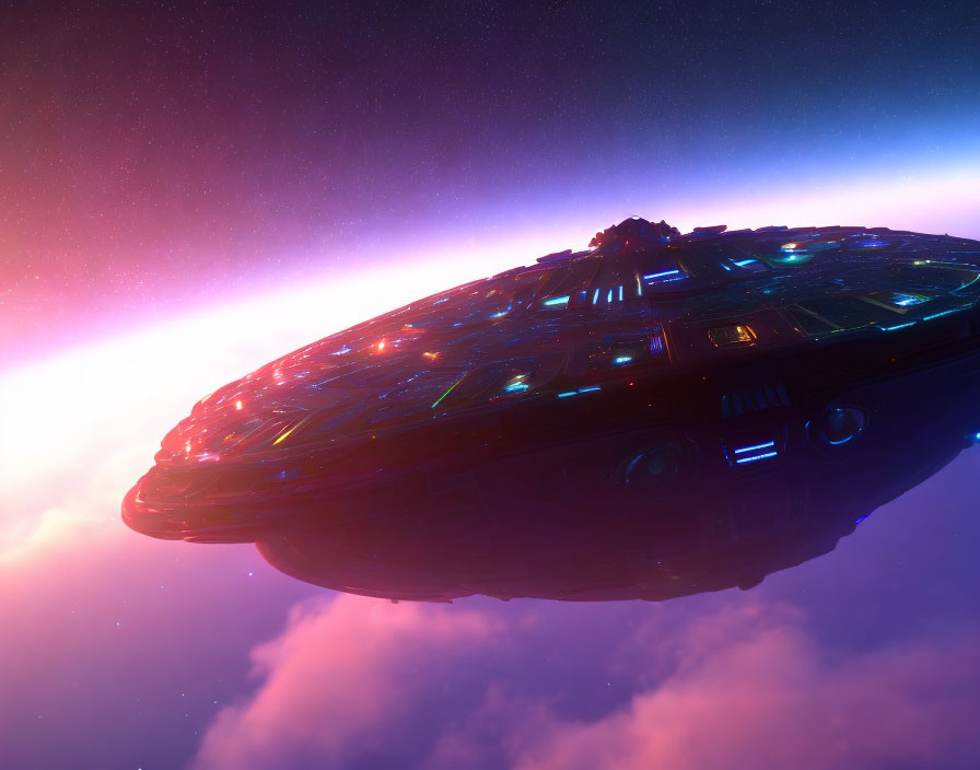 Futuristic spaceship in vibrant nebula with star-studded sky
