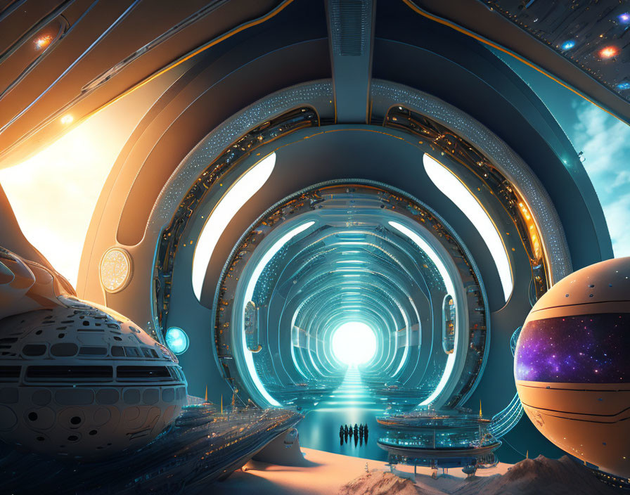 Futuristic spacecraft interior with illuminated corridor and spherical structures