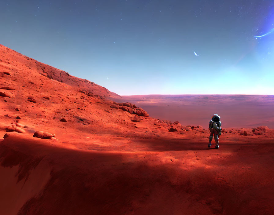 Astronaut on Barren Martian Landscape with Blue Sky