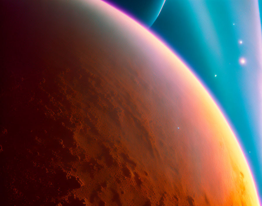 Reddish-Brown Planet with Blue Atmosphere in Space