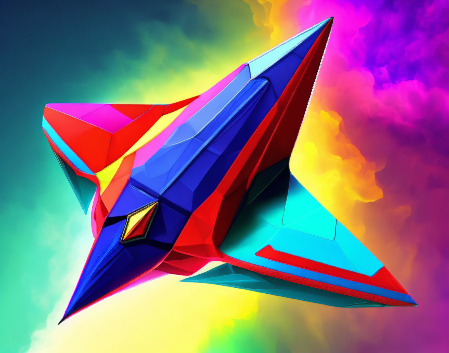 Colorful Abstract Illustration of Futuristic Spaceship in Blue, Red, and Teal